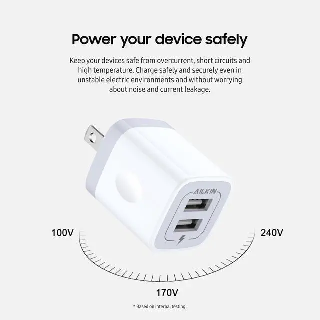 Alt view image 4 of 7 - Wall Charger, 3Pack 5V/2.1A AILKIN 2-Port USB Wall Charger Home Travel Plug Power AC Adapter Fast Charging Block Cube for iPhone 15 14 13 12 SE 16Pro Max XS 17 Plus, Samsung Galaxy, Google Pixel Box