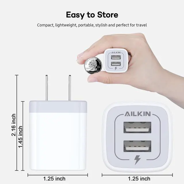 Alt view image 5 of 7 - Wall Charger, 3Pack 5V/2.1A AILKIN 2-Port USB Wall Charger Home Travel Plug Power AC Adapter Fast Charging Block Cube for iPhone 15 14 13 12 SE 16Pro Max XS 17 Plus, Samsung Galaxy, Google Pixel Box