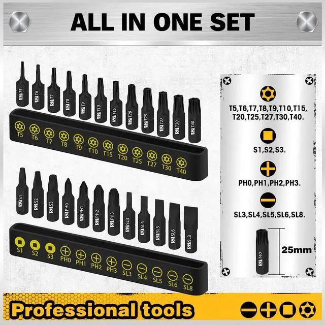Alt view image 2 of 7 - 26-Piece Magnetic Security Torx Screwdriver Bit Set - 1/4 inch Magnetic Bit Driver, T5-T40, Ergonomic Cushion Grip 95mm & 210mm Handles, Torx, Square, Phillips, Slotted Bits