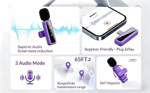 Alt view image 3 of 5 - Wireless Lavalier Microphone for iPhone - iPad, Android Phone Computer, Mini Microphone for Live Streaming, Video Recording, Outdoor or Indoor Interviews, YouTube, TikTok, Vlog (Purple)