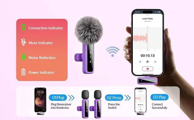 Alt view image 5 of 5 - Wireless Lavalier Microphone for iPhone - iPad, Android Phone Computer, Mini Microphone for Live Streaming, Video Recording, Outdoor or Indoor Interviews, YouTube, TikTok, Vlog (Purple)