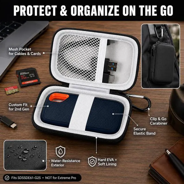 Alt view image 3 of 7 - Hard Case Compatible with SanDisk 500GB/ 1TB/ 2TB/ 4TB Extreme Portable SSD - Up to 1050MB/s - USB-C, USB 3.2 Gen 2 - External for Solid State Drive. Carrying Travel Holder for USB Cables (Box Only)