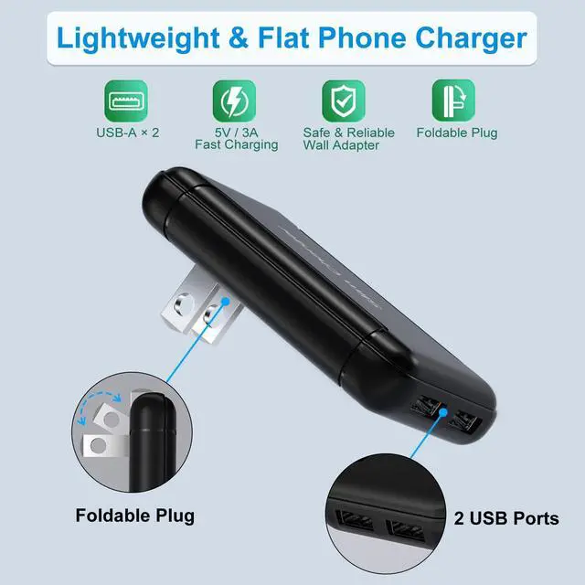 Alt view image 3 of 7 - Flat USB Wall Charger, OKRAY 5v/3a Fast Charging Block Foldable & Extra-Slim Multiport Travel Adapter Plug, Dual USB-A Port Phone Charger for iPhone 14 13 12 11 XR XS, Samsung Galaxy A16 A37, Switch