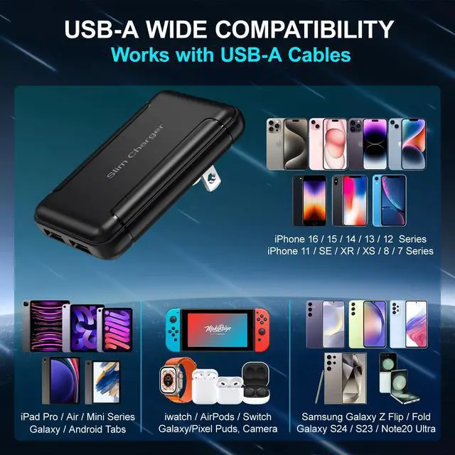 Alt view image 7 of 7 - Flat USB Wall Charger, OKRAY 5v/3a Fast Charging Block Foldable & Extra-Slim Multiport Travel Adapter Plug, Dual USB-A Port Phone Charger for iPhone 14 13 12 11 XR XS, Samsung Galaxy A16 A37, Switch