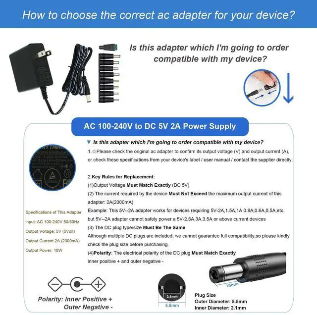 Alt view image 7 of 7 - 5V 2A 1A 0.8A 0.5A Power Supply Adapter, 10W AC/DC Adapter 100-240V AC to DC 5V Power Cord Converter with 5.5mm x 2.1mm Plug and 9 Interchangeable Plug, for 5V Electronic Devices ONLY (1 Pack)
