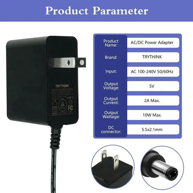 Alt view image 4 of 7 - 5V 2A 1A 0.8A 0.5A Power Supply Adapter, 10W AC/DC Adapter 100-240V AC to DC 5V Power Cord Converter with 5.5mm x 2.1mm Plug and 9 Interchangeable Plug, for 5V Electronic Devices ONLY (1 Pack)