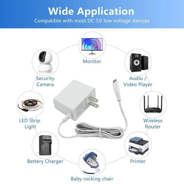 Alt view image 2 of 7 - 5V 1A DC Power Supply Adapter 5W AC/DC Charger AC 100V-240V to D C 5 Volt 1Amp 0.5A Replacement Power Cord for Security Camera Baby Monitor Graco Swing TV Box Raspberry Pi Type C