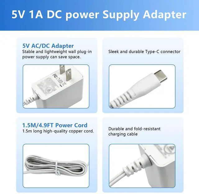 Alt view image 3 of 7 - 5V 1A DC Power Supply Adapter 5W AC/DC Charger AC 100V-240V to D C 5 Volt 1Amp 0.5A Replacement Power Cord for Security Camera Baby Monitor Graco Swing TV Box Raspberry Pi Type C