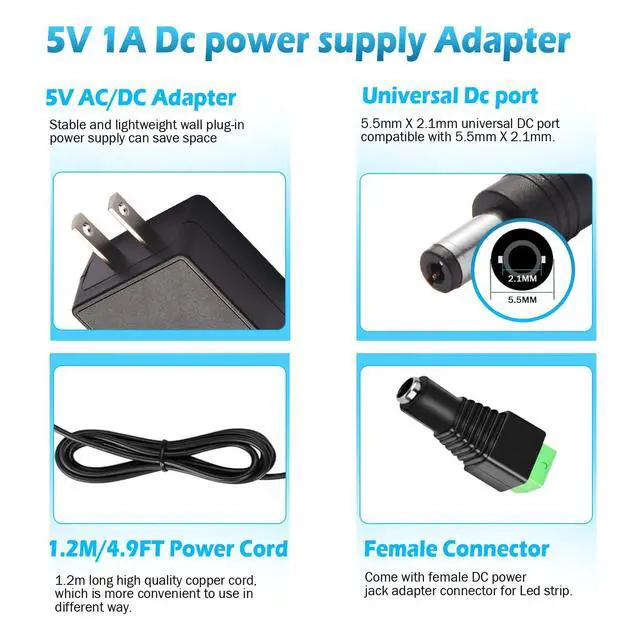 Alt view image 6 of 6 - 5V 1A Power Supply Adapter 5W AC 110V-240V to DC 5 Volt 1Amp 0.5A Replacement Power Cord for Security Camera Baby Monitor Graco Swing TV Box Raspberry Pi Type C with 5 Replacement Connector