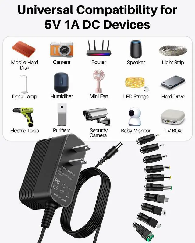 Alt view image 2 of 7 - 5V 1A Charger Power Cord AC Adapter 5V Power Supply DC for Regulated Switching with 10 Interchangeable Jacks Universal for 100mA 200mA 300mA 350mA 400mA 500mA 600mA 700mA 800mA 850mA 900mA Electronics
