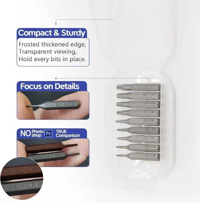Alt view image 3 of 5 - Precision S2 Steel 4mm screwdriver bit set 38pcs - Phillips 000 00 and more, Flathead, Torx 2 3 4 5 6, Torx Security, Pentalobem, Hex, Tri-Wing, Triangle, U-shaped Bits in Case Collection