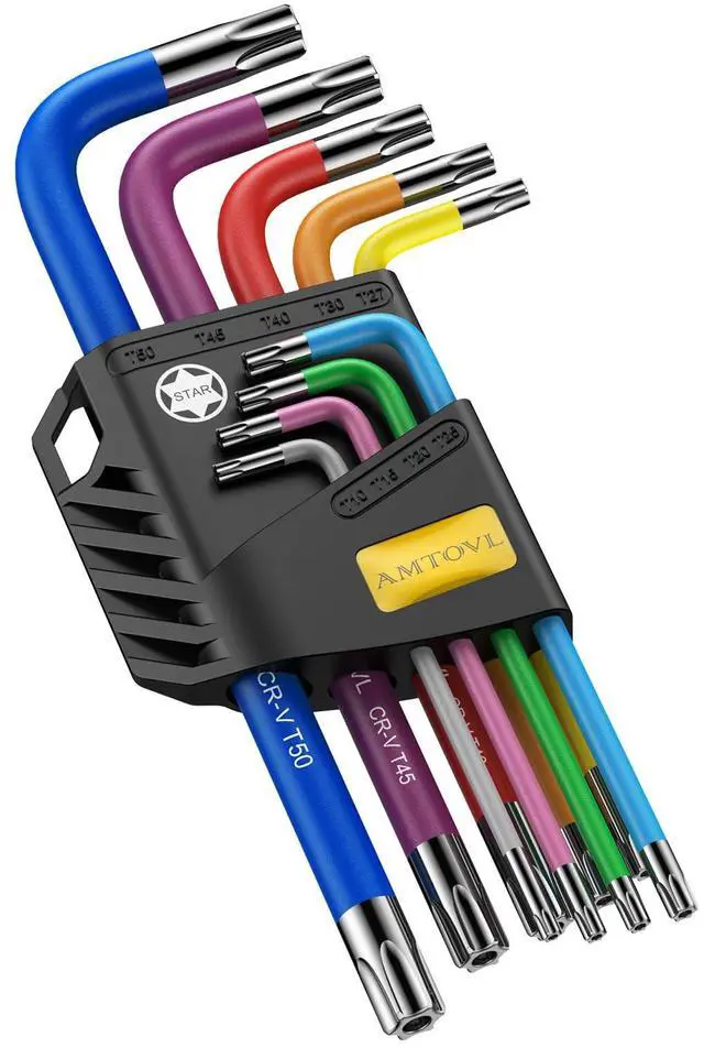 Main image of Star Allen Wrench Set, 9PCS Star Key Set, T10-T50, Long Arm Star Key Set, Color Coding TX Key Set for Vehicle, and Bicycle Repairs