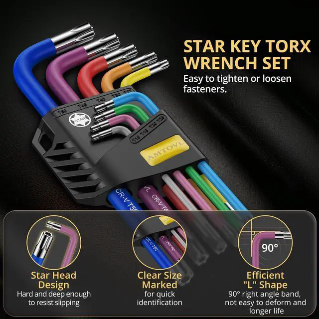 Alt view image 4 of 7 - Star Allen Wrench Set, 9PCS Star Key Set, T10-T50, Long Arm Star Key Set, Color Coding TX Key Set for Vehicle, and Bicycle Repairs