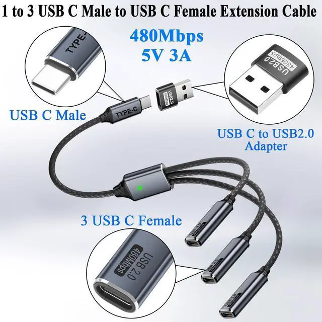 Alt view image 2 of 6 - USB C 1 to 3 Extension Cable 1 in 3 Type C 2.0 Male to 3 Female Connector Cable, with C to A Adapter Convert USB2.0 Male to 3 USB C Female ca-ble, for Charging Data Transfer OTG