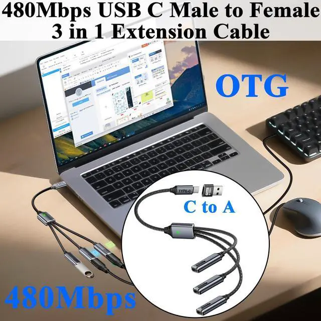 Alt view image 4 of 6 - USB C 1 to 3 Extension Cable 1 in 3 Type C 2.0 Male to 3 Female Connector Cable, with C to A Adapter Convert USB2.0 Male to 3 USB C Female ca-ble, for Charging Data Transfer OTG