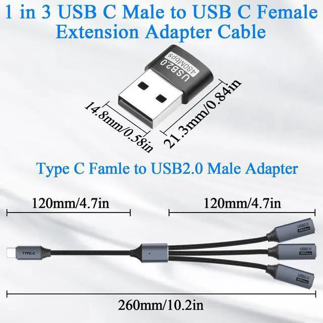 Alt view image 6 of 6 - USB C 1 to 3 Extension Cable 1 in 3 Type C 2.0 Male to 3 Female Connector Cable, with C to A Adapter Convert USB2.0 Male to 3 USB C Female ca-ble, for Charging Data Transfer OTG