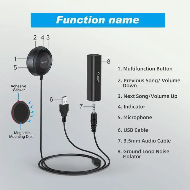 Alt view image 3 of 7 - Car Adapter, 3.5mm Aux Bluetooth Adapter for Car/Home Stereo/Speakers, Blue-Tooth Audio Receiver with Ground Loop Noise Isolator, Hands-Free Calls, Dual Connection, 3.5mm AUX Input