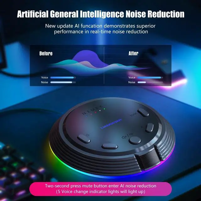 Alt view image 2 of 7 - Gaming USB Microphone with AI Noise Cancellation, 5 Voice Changes, Mute, Volume Control, RGB Light Condenser Computer Microphone for PC Gamer, YouTube, Streaming, Conference