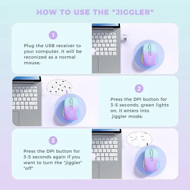 Alt view image 2 of 7 - Wireless Mouse Jiggler - LED Wireless Mice with Build-in Mouse Mover, Rechargeable Moving Mouse for Laptop with Undetectable Random Movement Keeps Computers Awake - Purple to Green