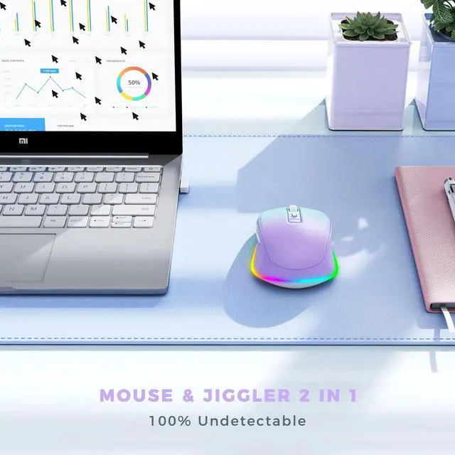 Alt view image 3 of 7 - Wireless Mouse Jiggler - LED Wireless Mice with Build-in Mouse Mover, Rechargeable Moving Mouse for Laptop with Undetectable Random Movement Keeps Computers Awake - Purple to Green