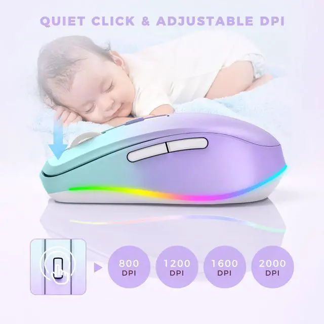 Alt view image 5 of 7 - Wireless Mouse Jiggler - LED Wireless Mice with Build-in Mouse Mover, Rechargeable Moving Mouse for Laptop with Undetectable Random Movement Keeps Computers Awake - Purple to Green
