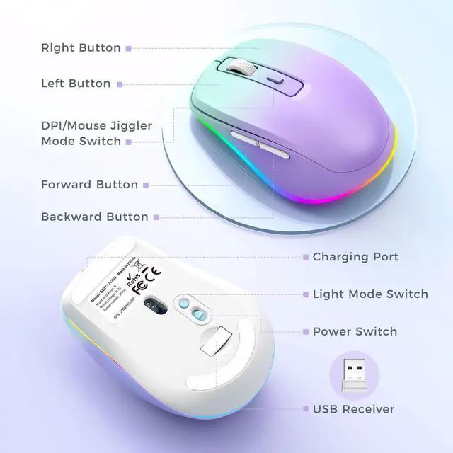 Alt view image 6 of 7 - Wireless Mouse Jiggler - LED Wireless Mice with Build-in Mouse Mover, Rechargeable Moving Mouse for Laptop with Undetectable Random Movement Keeps Computers Awake - Purple to Green