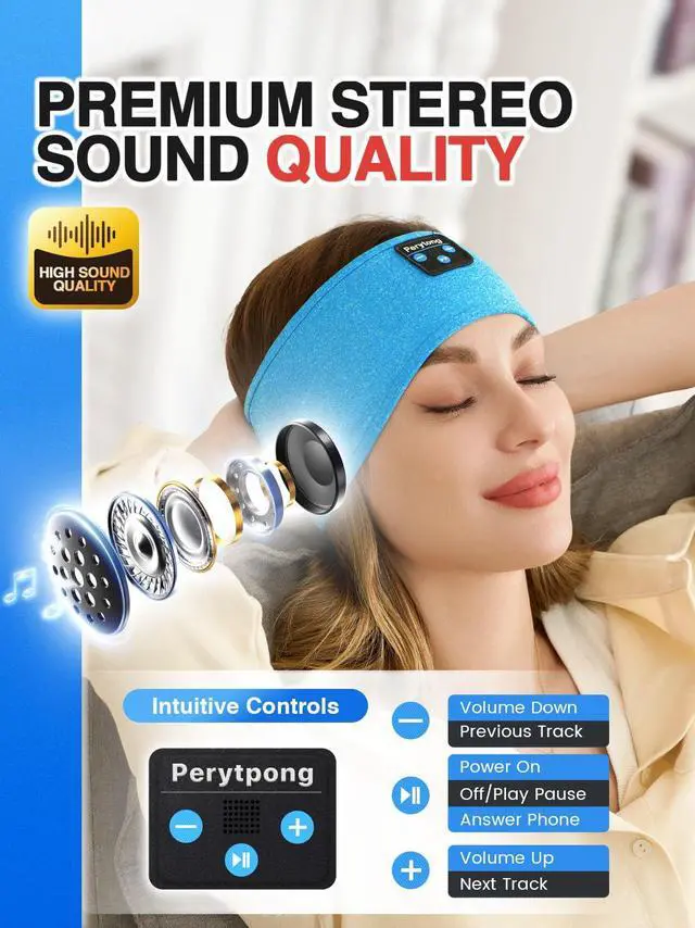 Alt view image 4 of 7 - Sleep Headphones Wireless, Bluetooth Sports Headband Headphones with Ultra-Thin HD Stereo Speakers Perfect for Sleeping,Workout,Jogging,Yoga,Insomnia, Air Travel, Meditation (Azure)