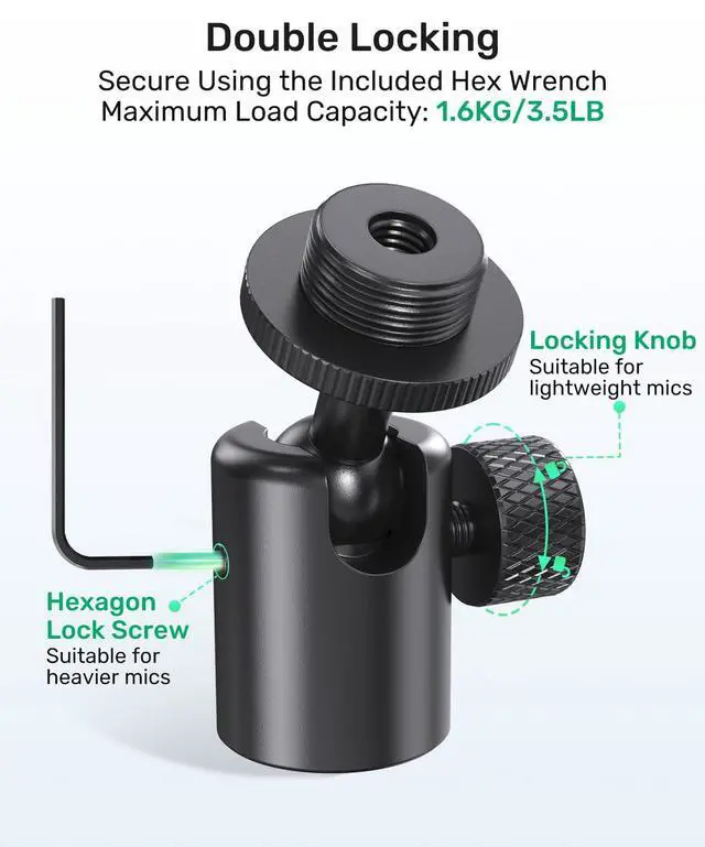 Alt view image 3 of 7 - Ball and Socket Head Microphone Adapter with Angle Adjustment 360° Pan & 90° Tilt, with 5/8" and 3/8" All-Metal Adapter, Camera, Lightweight & Secure Locking, Swivel Mic Stand Adapter