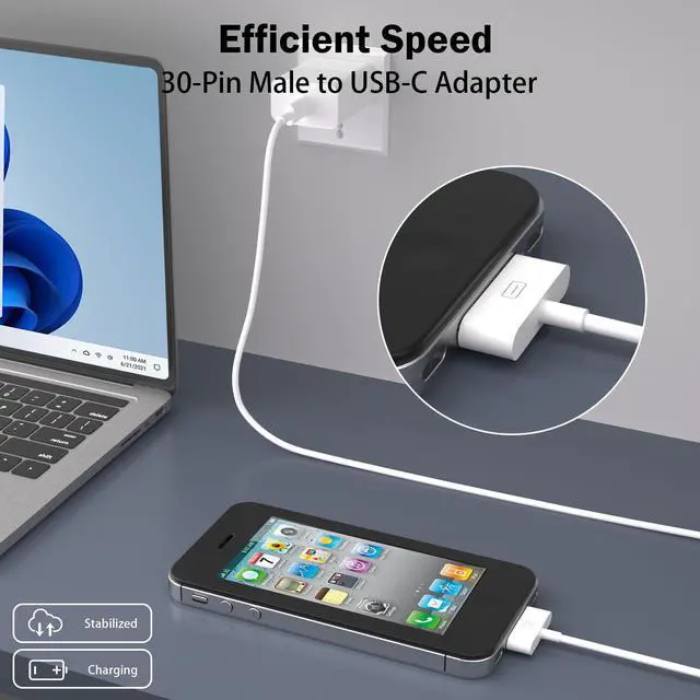 Alt view image 3 of 7 - USB C to 30 Pin Cable for iPhone 4, 2 PackApple MFi Certified 3.3Feet USB Type-C to 30-Pin Charging & Data Sync Cord Compatible with iPhone 4/4S/3GS, iPad 1/2/3, iPod Classic/Nano/Touch (White)