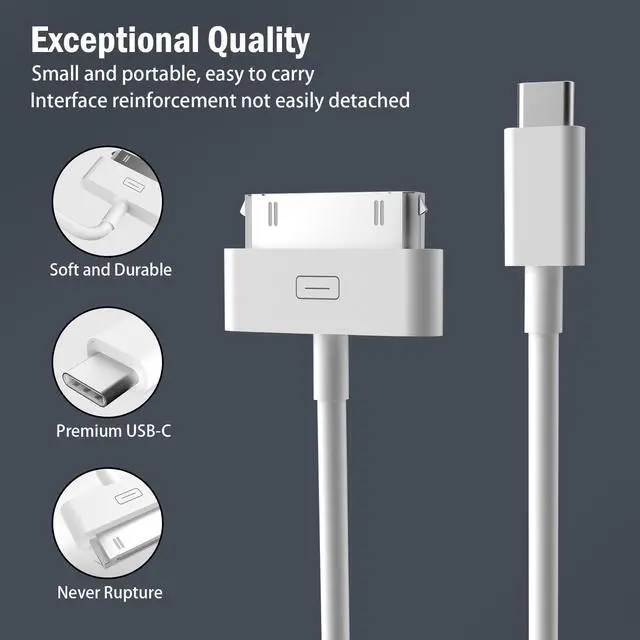 Alt view image 5 of 7 - USB C to 30 Pin Cable for iPhone 4, 2 PackApple MFi Certified 3.3Feet USB Type-C to 30-Pin Charging & Data Sync Cord Compatible with iPhone 4/4S/3GS, iPad 1/2/3, iPod Classic/Nano/Touch (White)