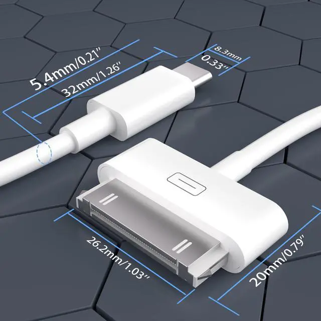 Alt view image 7 of 7 - USB C to 30 Pin Cable for iPhone 4, 2 PackApple MFi Certified 3.3Feet USB Type-C to 30-Pin Charging & Data Sync Cord Compatible with iPhone 4/4S/3GS, iPad 1/2/3, iPod Classic/Nano/Touch (White)