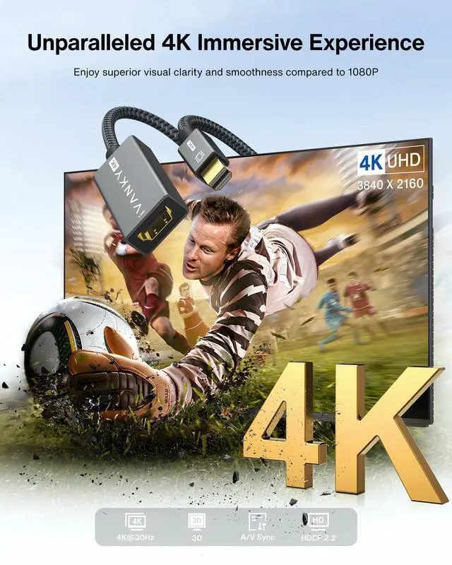 Alt view image 2 of 7 - 4K Mini DisplayPort to HDMI Adapter, 4K@30Hz Mini DP to HDMI Adapter, Gold-Plated/Braided Thunderbolt 2 to HDMI Compatible with MacBook Air/Pro, Microsoft Surface Pro/Dock, Monitor, Projector