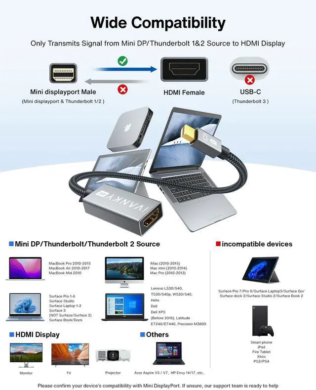 Alt view image 3 of 7 - 4K Mini DisplayPort to HDMI Adapter, 4K@30Hz Mini DP to HDMI Adapter, Gold-Plated/Braided Thunderbolt 2 to HDMI Compatible with MacBook Air/Pro, Microsoft Surface Pro/Dock, Monitor, Projector