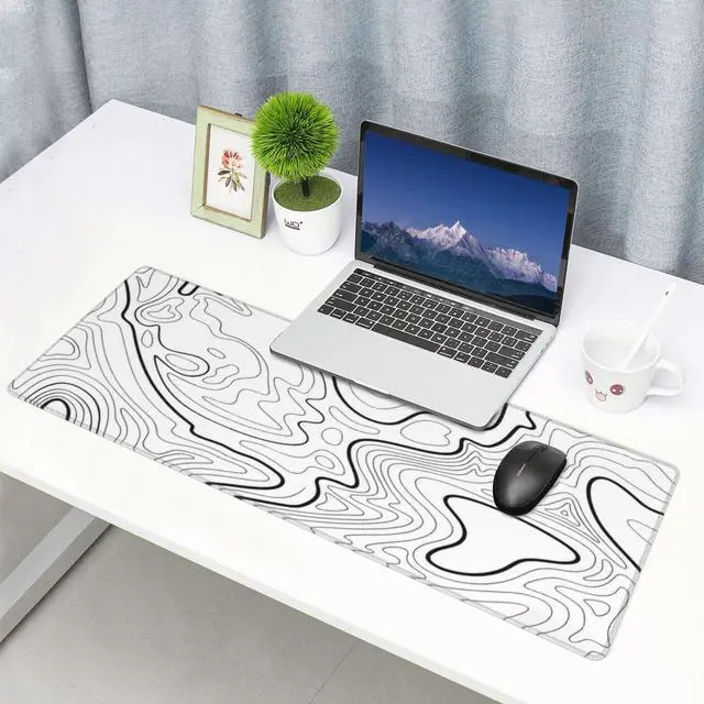 Alt view image 7 of 7 - White Topographic Contour Extended Big Mouse Pad Large,Gaming Mouse Pad Desk Pad,31.5x11.8x0.12 Inch Long Computer Keyboard Mouse Mat Mousepad Non-Slip Base and Stitched Edge for Gaming and Office