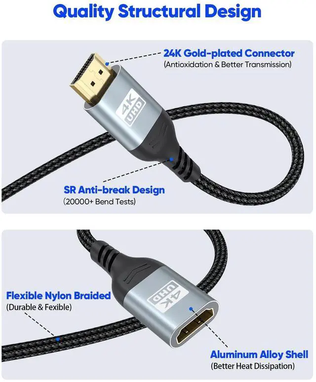 Alt view image 6 of 7 - 4K HDMI Extension Cable 2FT HDMI Extender, HDMI Male to Female Adapter Cord 4K@60Hz, 2K, 1080P, ARC, HDR, 3D Compatible with Laptop, HDTV, Monitor, Roku, Fire TV Stick, Xbox, PS5/PS4