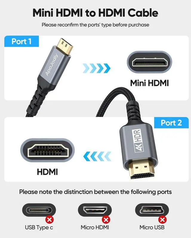 Alt view image 4 of 7 - Mini HDMI to HDMI Cable 6FT, High Speed HDMI to Mini HDMI Cable for Portable Monitor 4K@60Hz HDMI Mini 2.0 Cord 2K,1080P, HDR Compatible with Camera, Camcorder, Laptop, HDTV, Graphics