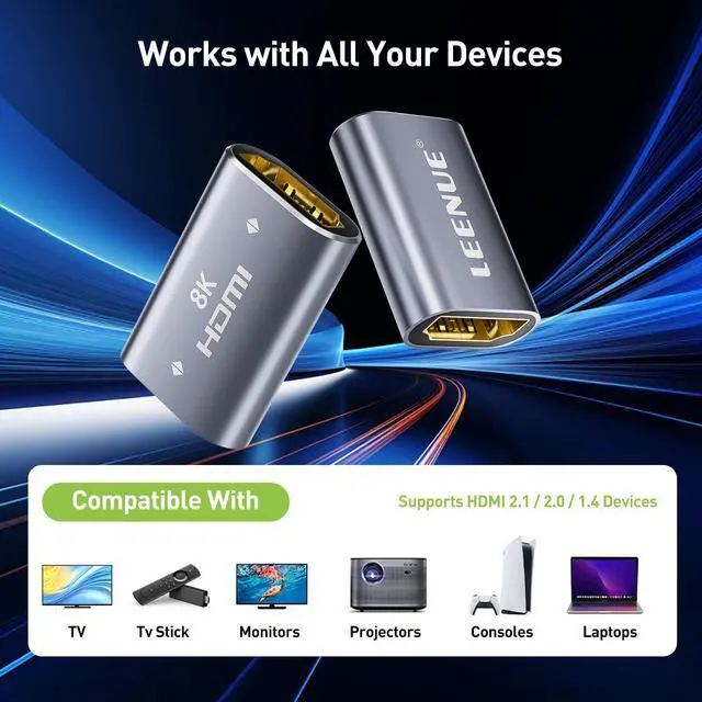 Alt view image 6 of 7 - HDMI Coupler 8K Female to Female Connector, HDMI 2.1 Aluminum Adapter, Supports 8K@60Hz / 4K@120Hz for HDTV, Roku, Monitor, Projector, Gaming Console, 2 Pack, Silver