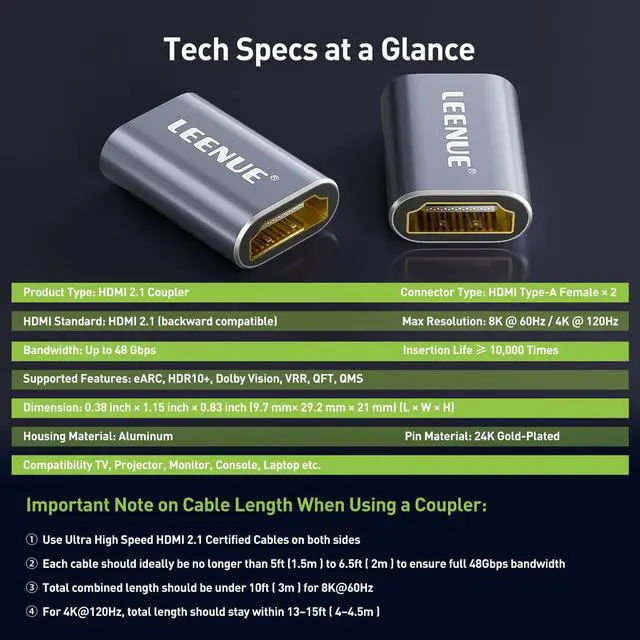 Alt view image 7 of 7 - HDMI Coupler 8K Female to Female Connector, HDMI 2.1 Aluminum Adapter, Supports 8K@60Hz / 4K@120Hz for HDTV, Roku, Monitor, Projector, Gaming Console, 2 Pack, Silver