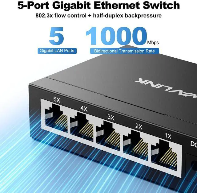 Alt view image 2 of 7 - 5-Port Gigabit Ethernet Unmanaged Switch, Home Network Hub, Office Ethernet Splitter, Plug & Play, Desktop/Wall Mount, Silent Operation, Metal Case