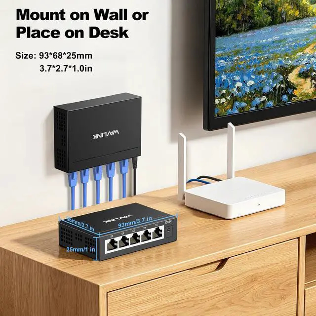 Alt view image 4 of 7 - 5-Port Gigabit Ethernet Unmanaged Switch, Home Network Hub, Office Ethernet Splitter, Plug & Play, Desktop/Wall Mount, Silent Operation, Metal Case
