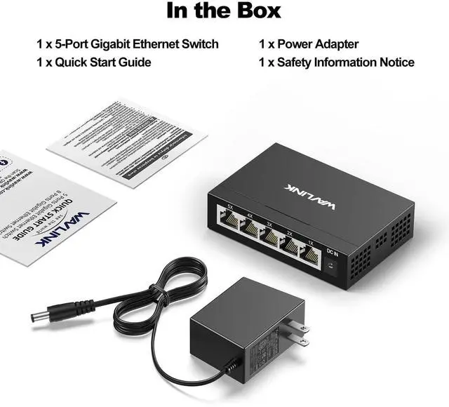 Alt view image 7 of 7 - 5-Port Gigabit Ethernet Unmanaged Switch, Home Network Hub, Office Ethernet Splitter, Plug & Play, Desktop/Wall Mount, Silent Operation, Metal Case