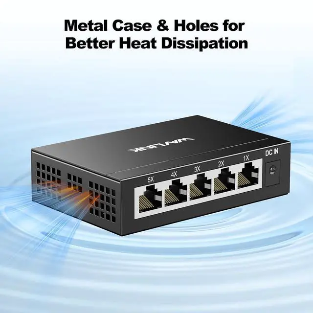 Alt view image 5 of 7 - 5-Port Gigabit Ethernet Unmanaged Switch, Home Network Hub, Office Ethernet Splitter, Plug & Play, Desktop/Wall Mount, Silent Operation, Metal Case