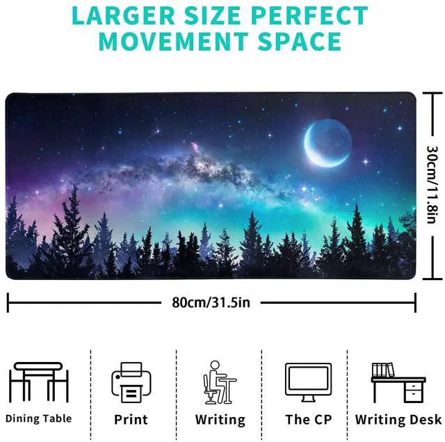 Alt view image 2 of 6 - Extended Gaming Mouse Pad, XL Large Keyboard Mouse Mat Desk Pad, Stitched Edges Mousepad, 3mm Thick Long Non-Slip Rubber Base Mice Pad, 31.5 X 11.8 Inch, Forest Moon Galaxy