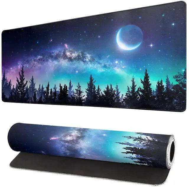 Main image of Extended Gaming Mouse Pad, XL Large Keyboard Mouse Mat Desk Pad, Stitched Edges Mousepad, 3mm Thick Long Non-Slip Rubber Base Mice Pad, 31.5 X 11.8 Inch, Forest Moon Galaxy
