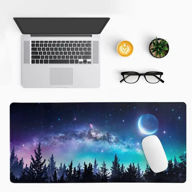 Alt view image 3 of 6 - Extended Gaming Mouse Pad, XL Large Keyboard Mouse Mat Desk Pad, Stitched Edges Mousepad, 3mm Thick Long Non-Slip Rubber Base Mice Pad, 31.5 X 11.8 Inch, Forest Moon Galaxy