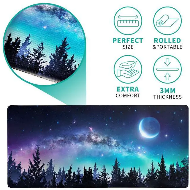 Alt view image 5 of 6 - Extended Gaming Mouse Pad, XL Large Keyboard Mouse Mat Desk Pad, Stitched Edges Mousepad, 3mm Thick Long Non-Slip Rubber Base Mice Pad, 31.5 X 11.8 Inch, Forest Moon Galaxy