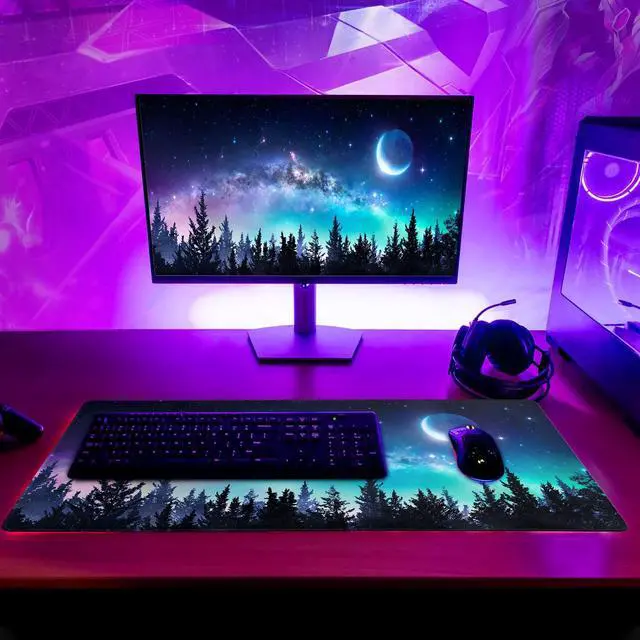 Alt view image 6 of 6 - Extended Gaming Mouse Pad, XL Large Keyboard Mouse Mat Desk Pad, Stitched Edges Mousepad, 3mm Thick Long Non-Slip Rubber Base Mice Pad, 31.5 X 11.8 Inch, Forest Moon Galaxy