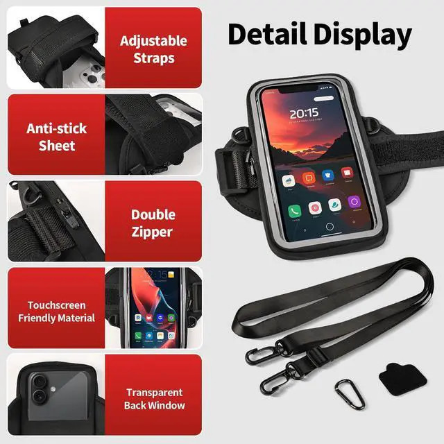 Alt view image 7 of 7 - Phone Holder for Running, Walking & Workout, Cell Phone Armband with Carabiner, Clear Crossbody Phone Pouch Purse with Adjustable Lanyard for iPhone and Android - Suitable for Women and Men