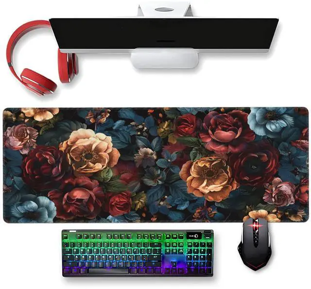 Alt view image 2 of 7 - 31.5x11.8Large Gaming Mouse Pad for Desk, Mouse Mat with Seamed Edges, Waterproof Desk Pad, Non-Slip Rubber Base, Keyboard Pad Computer Mat, Big XL Mousepad-Vintage Chic Rose Flowers