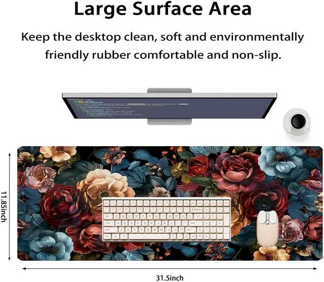Alt view image 3 of 7 - 31.5x11.8Large Gaming Mouse Pad for Desk, Mouse Mat with Seamed Edges, Waterproof Desk Pad, Non-Slip Rubber Base, Keyboard Pad Computer Mat, Big XL Mousepad-Vintage Chic Rose Flowers
